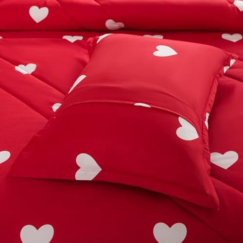 Caressma Love Comforter Set Full Size - Cute White Heart Print Red Bedding Comforter 3 Pieces Matching Pillowshams