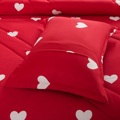 Caressma Love Comforter Set Full Size - Cute White Heart Print Red Bedding Comforter 3 Pieces Matching Pillowshams