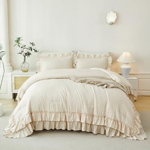 ANGIYUIN Beige Ruffle Comforter Set King Size 5 Pieces Solid Farmhouse Boho Bed in A Bag Soft Lightweight Fluffy Shabby Bedding Set with Sheet Sets for Women(Beige King)