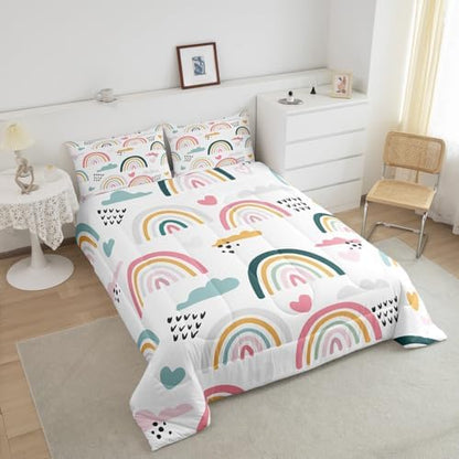 Rainbow Comforter Set Cartoon Rainbow Bedding Set King Size for Kids Girls Boys Nursery Toddler Hand Drawn Iridescent Print Down Comforter Colorful Clouds Love Heart Quilt Duvet Set 2 Pillow Cases