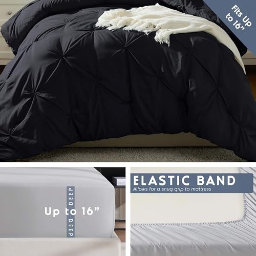 Nestl 7 Piece Twin Comforter Set – Black Pinch Pleated Bed in a Bag – Complete Twin Size Bedding Set with Sheets, Set of 2 Cooling Pillows, Pillowcase and Sham