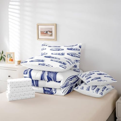 Feelyou Race Car Comforter Set with Sheets 7 Piece Full Size Navy Blue Speed Sports Car Bedding Set for Kids Boys Girls Extreme Sports Bed in a Bag Room Decor Soft Lightweight Microfiber
