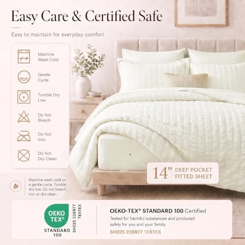 CozyLux California King Comforter Set 7-Piece Ivory Seersucker Bed in a Bag