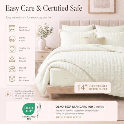 CozyLux Oversized King Comforter Set 120x98 in, 7-Piece Ivory Seersucker