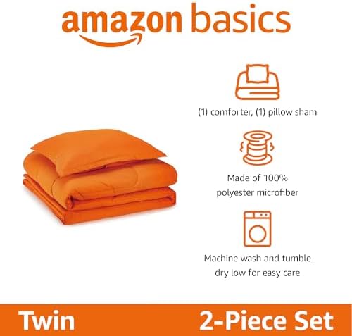 Amazon Basics 2-Piece Soft Microfiber Kids' Comforter and Pillow Sham Set, Twin, Bright Orange, Solid
