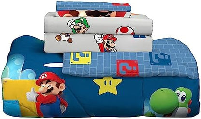 Franco Super Mario Bros. Kids Bedding Super Soft Comforter and Sheet Set with Sham, 7 Piece Queen Size, (Official Licensed Product)