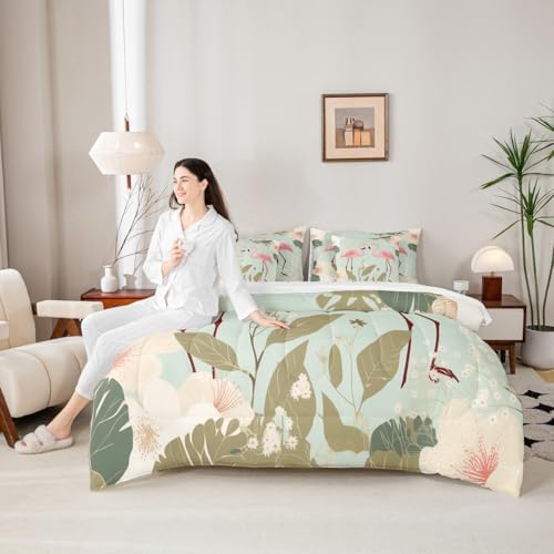 Erosebridal Flamingo 7 Piece Bedding Set Full Tropical Hawaii Comforter Set with Sheets Cherry Blossom Branch Bed in a Bag Spring Romantic Style Bed Sets