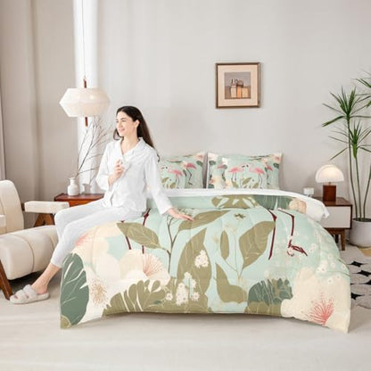 Erosebridal Flamingo 7 Piece Bedding Set Full Tropical Hawaii Comforter Set with Sheets Cherry Blossom Branch Bed in a Bag Spring Romantic Style Bed Sets