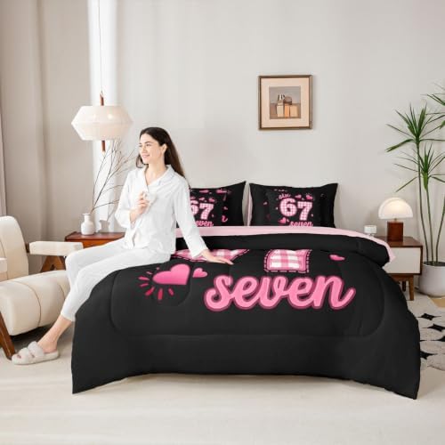Erosebridal Pink Plaid 67 Girls Twin Bedding Set 7 Piece Cute Kawaii Princess Bed in A Bag with Sheets Romantic Coquette Comforter Set for Kids Teen Women,Girly Fashion Number Print Bed Set