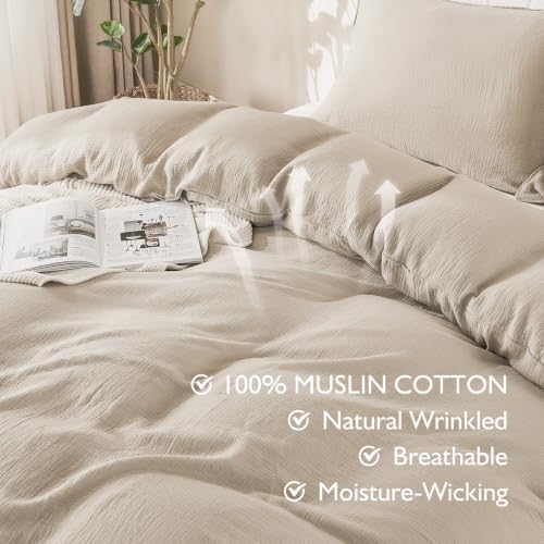 EMME Muslin Cotton Duvet Cover Set Linen Like Beige King