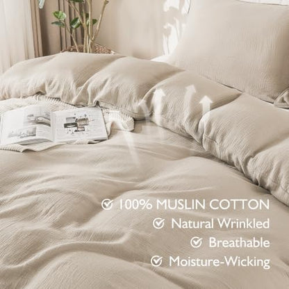 EMME Muslin Cotton Duvet Cover Set Linen Like Beige Twin