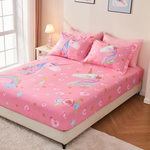 Wajade Pink Unicorn Comforter Set for Girls 7 Piece Cute Cartoon Bedding Set for Kids Twin Size as Birthday Gift with Comforter, Sheet Set, Pillowcase and Sham