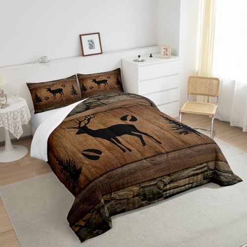 Manfei Rustic Deer Comforter Set Queen Size, Black Trees Deer Paw Print Down Comforter with 2 Pillowcases, Brwon Wooden Plank Bedding Set 3pcs for Kids Boys Room Decor Wild Animal Duvet Insert