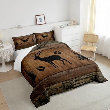 Manfei Rustic Deer Comforter Set Queen Size, Black Trees Deer Paw Print Down Comforter with 2 Pillowcases, Brwon Wooden Plank Bedding Set 3pcs for Kids Boys Room Decor Wild Animal Duvet Insert