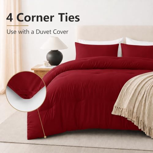 CozyLux Oversized King Comforter Set, 3 Pieces Dark Red Quilted Bedding
