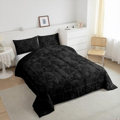 Manfei Black Damask Comforter Set Twin Size, Gothic Vintage Damask Floral Bedding Set 2pcs, Antique Victorian Baroque Down Comforter for All Season, Man Woman Adult Room Decor, 1 Pillowcase, No Sheets