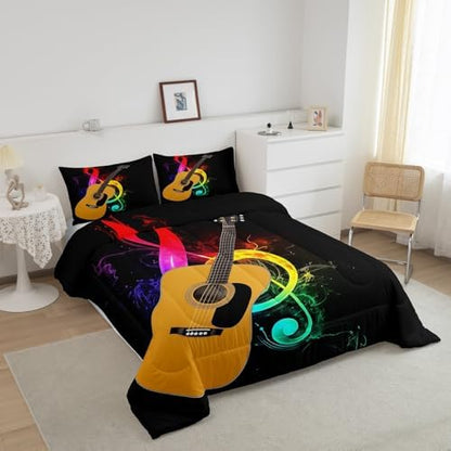Erosebridal Guitar Bedding Set for Kids Boys Girls Teens Rainbow Musical Notes Comforter Set King Size Rock Music Quilt Duvet Sets 3D Electric Guitar Down Comforter Bedroom Decor Black 3 Pcs