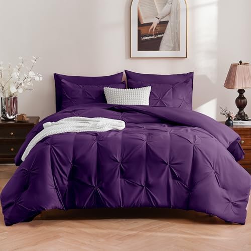 DOWNCOOL King Size Comforter Set, 7 Pieces Purple Pintuck Bed in a Bag