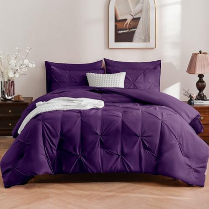 DOWNCOOL King Size Comforter Set, 7 Pieces Purple Pintuck Bed in a Bag