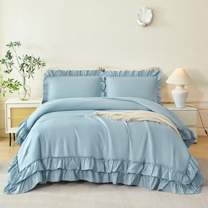 ANGIYUIN Queen Comforter Set - 5 Pieces Ruffle Dusty Blue Bed in A Bag