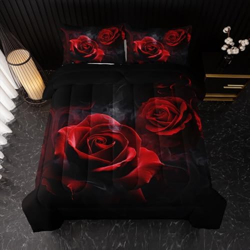 Nttopship Red Comforter Set King,Red Roses Bedding Set 3 Piece Bed in a Bag,Lover Romantic Flowers Comforter Valentine's Day Lightweight Soft Microfiber Bedding Sets with(Comforter,2 Pillow Cases)
