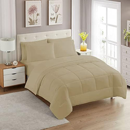 Sweet Home Collection 7 Piece Comforter Set Bag Solid Color All Season Soft Down Alternative Blanket & Luxurious Microfiber Bed Sheets, Taupe, Queen