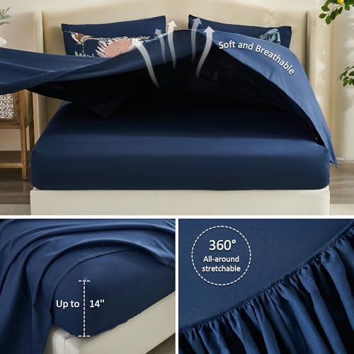 Luxudecor Queen Comforter Set 7 Pieces Bedding Sets, Navy Blue Floral Comforter and Sheet Set, Soft Microfiber Bed in a Bag for All Seasons (Navy Blue,90"x90")