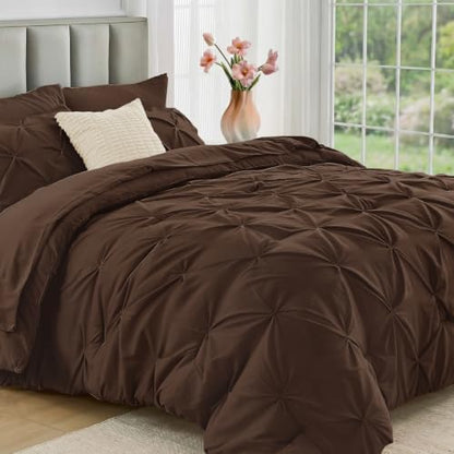 JOLLYVOGUE King Size Comforter Set 7 Pieces - Bed in a Bag King for All Season, Pintuck Bedding Comforter Sets with Comforter, Flat Sheet, Fitted Sheet and Pillowcases & Shams, Dark Brown