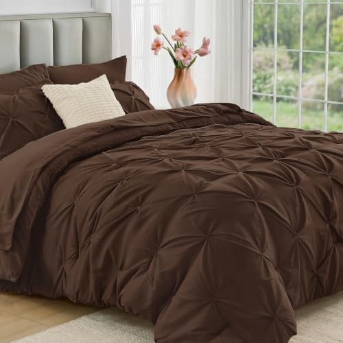 JOLLYVOGUE Full Size Comforter Sets 7 Pieces - Bed in a Bag Full for All Season, Pintuck Bedding Comforter Sets with Comforter, Flat Sheet, Fitted Sheet and Pillowcases & Shams, Dark Brown
