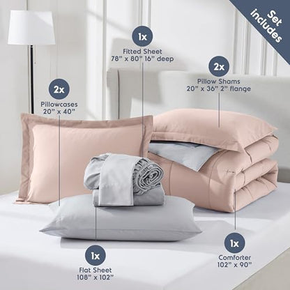 Nestl 9 Piece King Comforter Set – Blush Pink Reversible Bed in a Bag – Complete King Size Bedding Set with Sheets, Set of 2 Down Alternative Pillows, Pillowcases and Shams