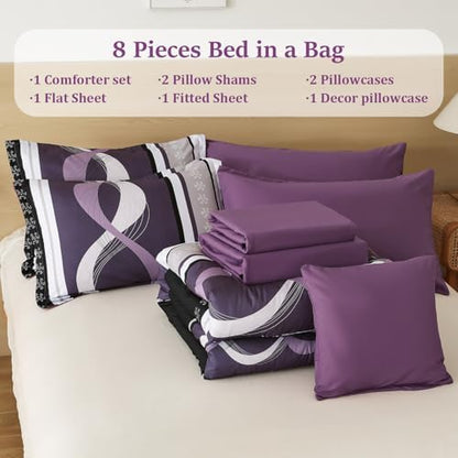 Anibedding Purple King Size Comforter Set,8 Pieces Boho Bed in a Bag