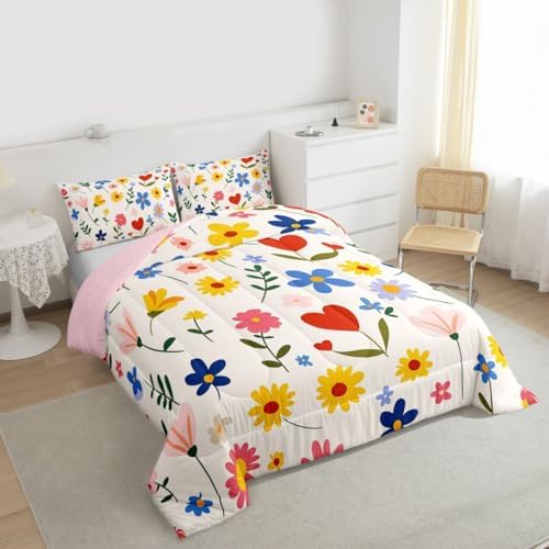 jejeloiu Cute Flower Comforter Set Twin Size Floral Botanical Pattern Bedding Set for Kids Boys Girls Kawaii Duvet Quilt Blossom Flowers Pattern Bedroom Decor Microfiber 2 Pcs with 1 Pillow Cases