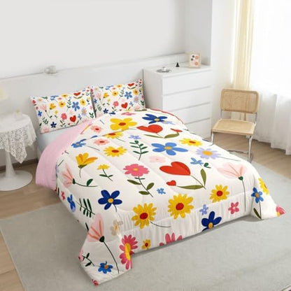 jejeloiu Cute Flower Comforter Set Twin Size Floral Botanical Pattern Bedding Set for Kids Boys Girls Kawaii Duvet Quilt Blossom Flowers Pattern Bedroom Decor Microfiber 2 Pcs with 1 Pillow Cases