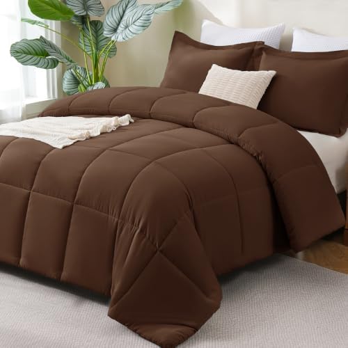 CozyLux Queen Size Comforter Set, 3-Piece Box-Stitched, Brown