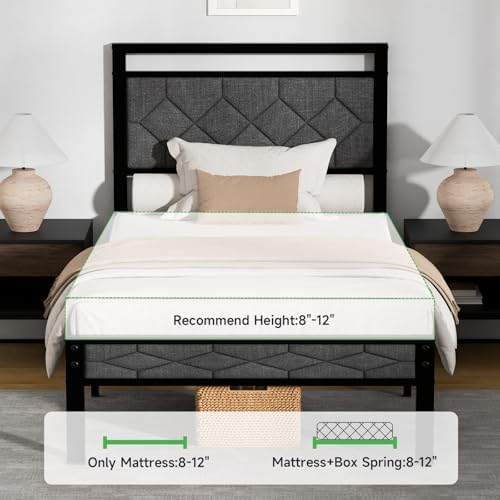 Z-hom Twin Size Bed Frame, Twin Bed Frame with Upholstered Headboard,Grey