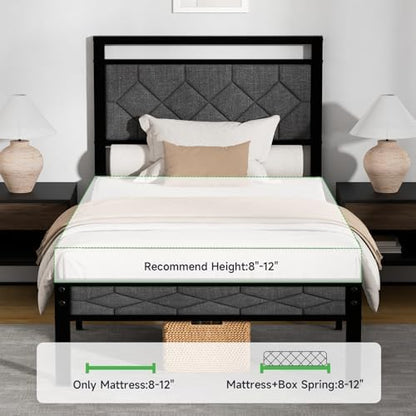 Z-hom Twin Size Bed Frame, Twin Bed Frame with Upholstered Headboard,Grey