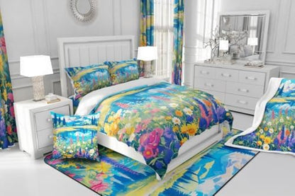 Spring Garden Comforter Set Twin Size,Blossom Flower Lake Mountain Bedding Set for Kids Girls Women Room Decor,Nature Scenery Quilt Set 2Pcs,Floral Botanical Microfiber Duvet Insert,1 Pillowcase