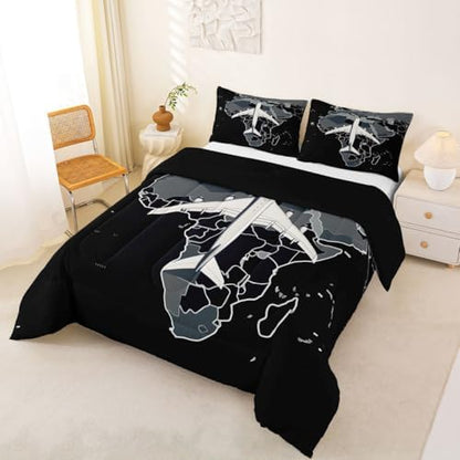 Erosebridal Airplane Comforter Set King Aircraft Bedding Set Gradient Gray World Map Comforter for Kids Boys Girls Modern Transportation Plane Quilt Duvet