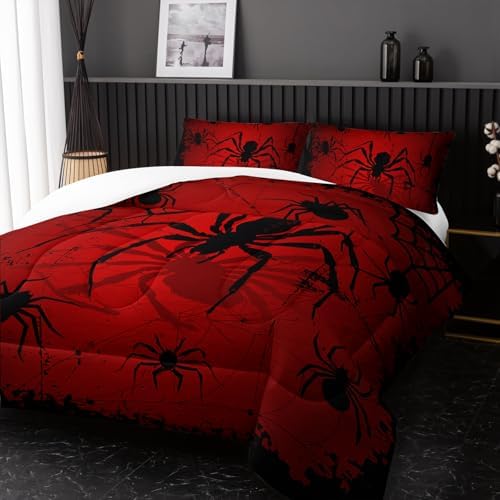 Nttopship Boys Spider Printed Comforter Set Bed in A Bag Queen Size 3PCS Red Bedding Set Cool Black Spider Comforter Set Girls Boys Kids Comforter Bedding Set with 2 Pillowcases
