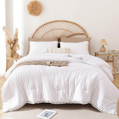 YIRDDEO King Size Comforter Set, White Ball Pom Fringe Bedding Set 3 Pieces