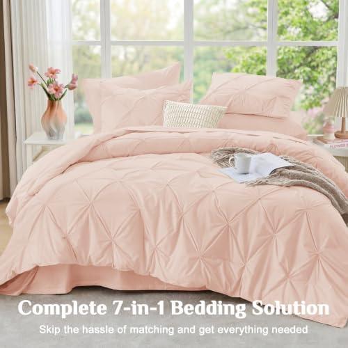 JOLLYVOGUE Queen Comforter Set 7 Pieces - Bed in a Bag Queen for All Season, Pintuck Bedding Comforter Sets with Comforter, Flat Sheet, Fitted Sheet and Pillowcases & Shams, Blush Pink