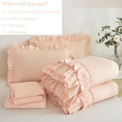 ANGIYUIN 5Pcs Pink Girls Twin Comforter Set Ruffle Bed in A Bag with Sheets