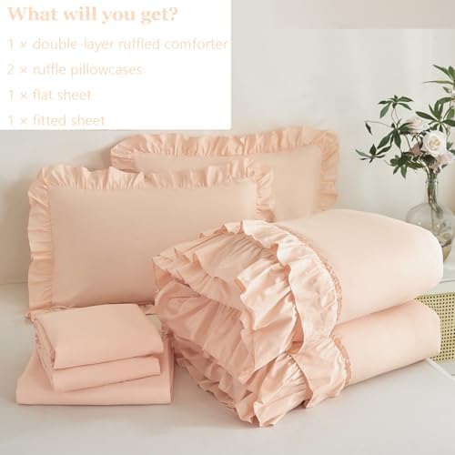 ANGIYUIN Pink Queen Size Comforter Set 5 Pieces Ruffled Bed in A Bag