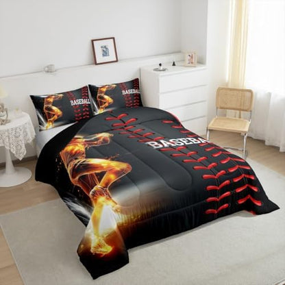 Erosebridal Baseball Bedding Set, Golden Athlete Comforter Set King Size, Sports Games Down Comforter for Kids Boys Girls Bedroom, Glitter Outer Space Duvet Insert for Living Room