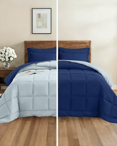 Full Comforter Set - 7 Piece Reversible Bed in a Bag - Navy Blue/Sky Blue