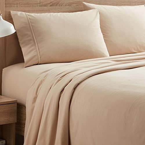 Flannel Sheets Warm and Cozy Deep Pocket Breathable All Season Bedding Set with Fitted, Flat and Pillowcases, Full, Beige
