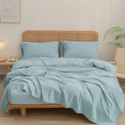 BESTOUCH Sheet Set 100% Washed Cotton Linen Feel Super Soft Comfortable Chic Lightweight 4 Pcs Home Bedding Set Solid Hushed Green Queen