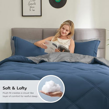 Joiedomi King Size Comforter Set with Sheets Navy Blue, 7 Pieces King Bedding Set with 1 Down Alternative Comforter, 1 Flat Sheet, 1 Fitted Sheet, 2 Pillowcases and 2 Pillow Shams, Bed in a Bag