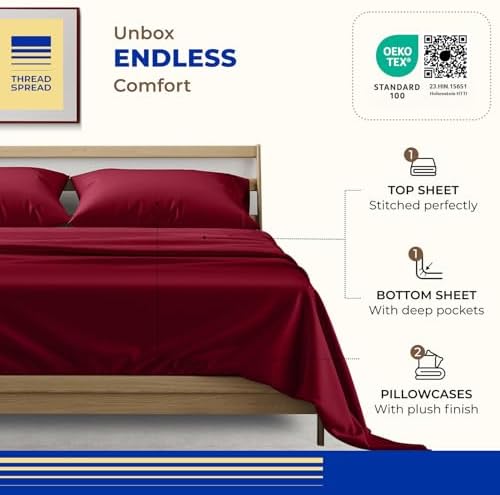 THREAD SPREAD California King Bed Sheets, Luxury 1000 Series Paradise Collection 100% Egyptian Cotton Cal King Sheets Set (4 PC, Burgundy), Silky Soft, Cooling, 16" Deep Pocket Hotel Sheet Set