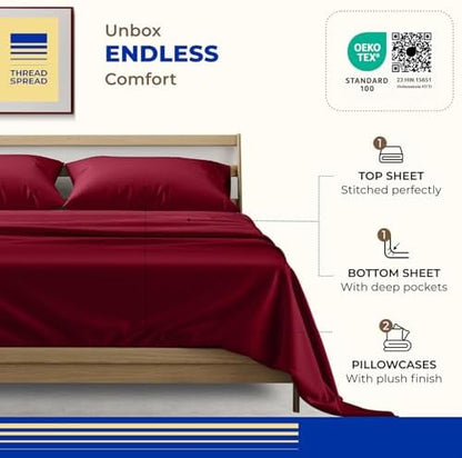 THREAD SPREAD California King Bed Sheets, Luxury 1000 Series Paradise Collection 100% Egyptian Cotton Cal King Sheets Set (4 PC, Burgundy), Silky Soft, Cooling, 16" Deep Pocket Hotel Sheet Set